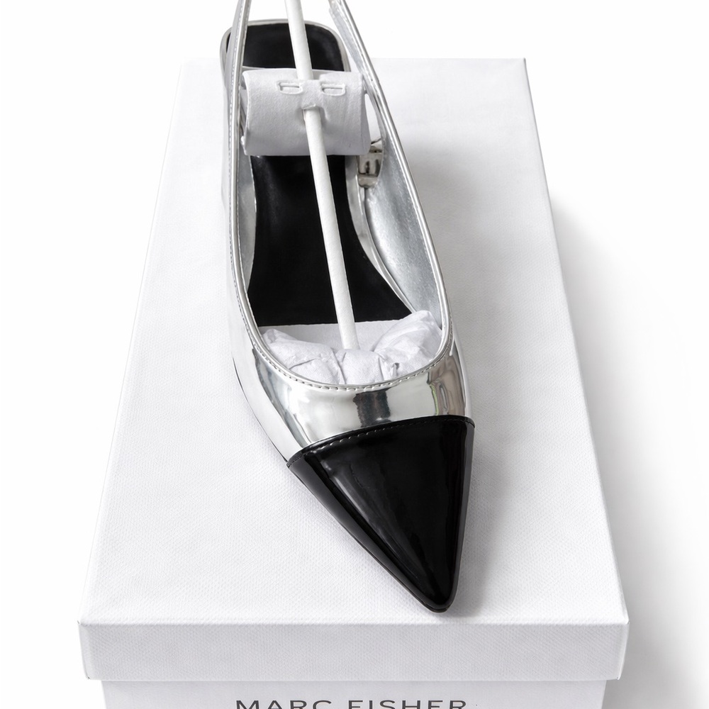 Marc Fisher Silver Slingback Flats with Black Pointed Toe
